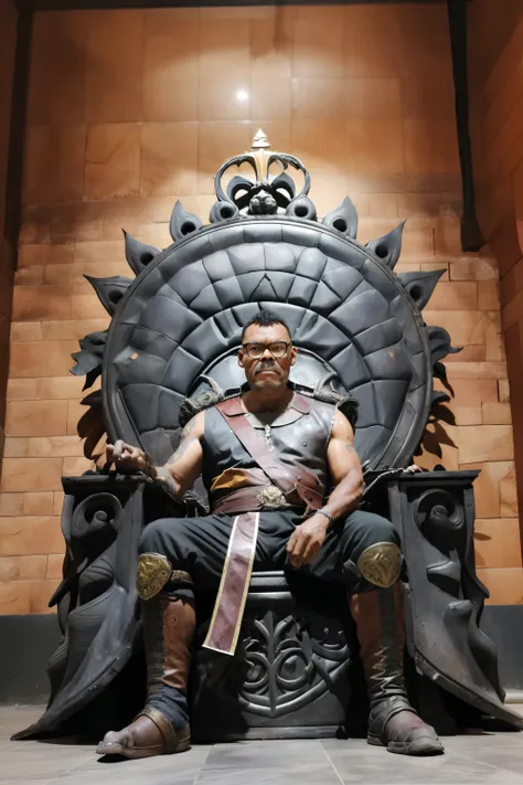 guttonerdvision5, old werewolf king sitting on the throne in the heart of the city of Glas, the throne is a very damp place full of puddles and leaks, royal, intimidating, ornate armor, royal crown, blurry background, natural lighting, short hair twintails...