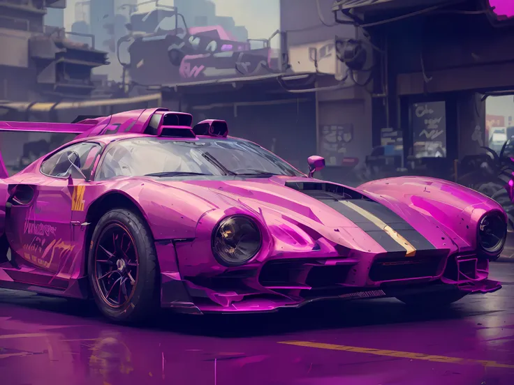 arafed pink race car with a yellow stripe on the front, cyberpunk car, cyberpunk garage on jupiter, cyberpunk vibrant colors, 8 k high detail concept art, cyberpunk art style, retro pink synthwave style, retrofuturistic digital painting, hyper-realistic cy...