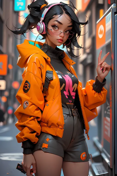 ((Best quality)), ((masterpiece)), ((realistic)) and ultra-detailed photography of a 1nerdy girl with neon headphones. She has ((black hair)), is wearing an orange techwear jacket, and exudes a ((beautiful and aesthetic)) vibe.