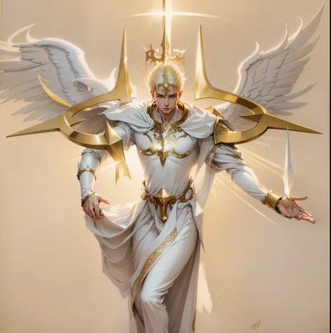 distant view, characters do not make up much of the picture, angels descending, gorgeous white costumes, huge golden wings, glow...