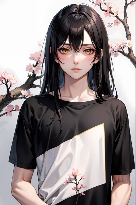 masterpiece, 1boyfriend, man, long hair, black hair, upper body, portrait, yellow eyes, vertical pupil, black shirt, cherry blos...