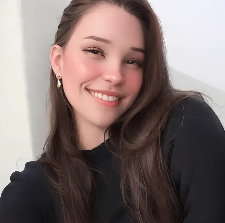 smiling woman with long brown hair and earrings sitting in front of a white wall, 30-year-old french woman, headshot profile pic...