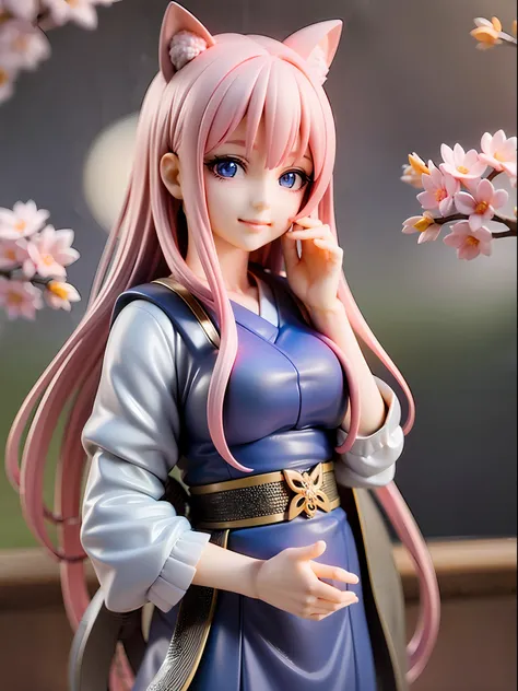 1girl, cat ears, cat tail, cherry blossom ,long pale hair, chibi, beautiful bright blue eyes, smiling, wearing a white kimono, standing under a night sky with a full moon, moon light,surrounded by blue roses, [realistic], [3d], (8k, RAW photo, best quality...