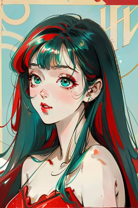 (best image quality, high quality, 8k) + (strawberry jam | red lipstick) + turquoise long shiny hair + slanted bangs + loose whi...