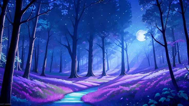 woodland scenery with purple moon shining in the background, blue butterflies in the air