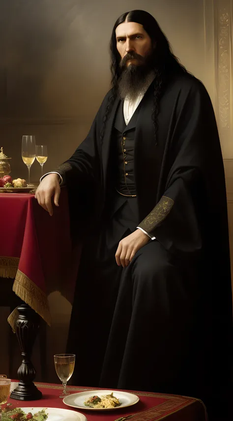 (masterpiece, high resolution, oil painting, realistic:1.3) by Greg Rutkowski, Grigori Rasputin, (disheveled long black hair:1.2), piercing gaze, clad in worn and torn royal Edwardian robes, (unkempt, dirty appearance:1.1), nonchalantly seated at a grand d...