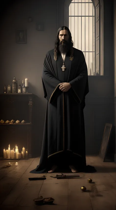 (masterpiece, 8K, UHD, oil painting, Greg Rutkowski style:1.3), Grigori Rasputin, (long, unkempt black hair:1.2), (intense gaze:1.4), bullet wounds visible, defiant stance. Background of a dimly lit room, (tattered royal Edwardian robes:1.3), unwashed appe...