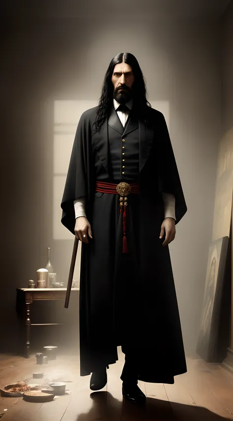 (masterpiece, 8K, UHD, oil painting, Greg Rutkowski style:1.3), Grigori Rasputin, (long, unkempt black hair:1.2), (intense gaze:1.4), bullet wounds visible, defiant stance. Background of a dimly lit room, (tattered royal Edwardian robes:1.3), unwashed appe...