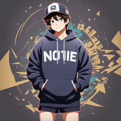 anime screen cover 1 boy, solo, upper body, hat with the word non-heart written on the hat, giggle, from below, hoodie, cargo sh...