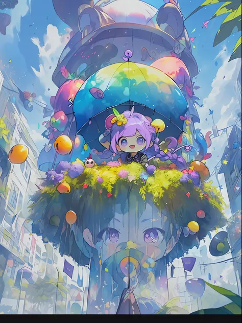 ((((umbrella with drawings inside, hairstyle with purple hair and green coloring, braids, portrait of upper body))), large eyes,...