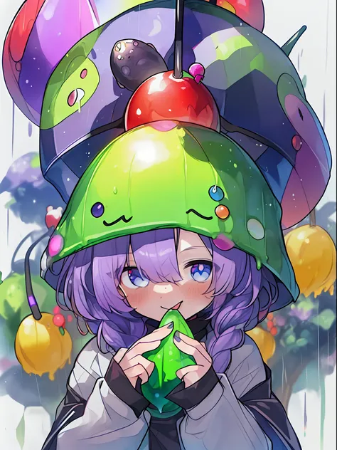 ((((umbrella with drawings inside, hairstyle with purple hair and green coloring, braids, portrait of upper body))), large eyes,...