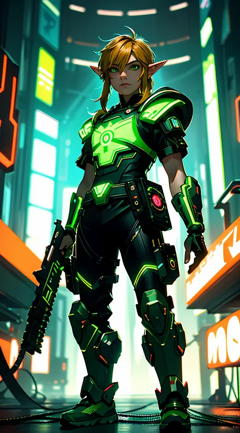 ultra detail, high resolution, ultra detailed, best quality, amazing, top quality, extremely detailed CG 8k wallpaper unit, cinematic lighting, Zelda cyberpunk link, cyberpunk, dark boy, green clothing, green armor, neon berde, blond hair, elf