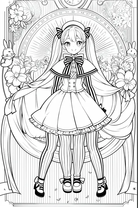 lineart, monochrome,masterpiece, best quality, 1girl, :d, animal,legwear, bow, bowtie, bunny, cape, cherry_blossoms, confetti, g...