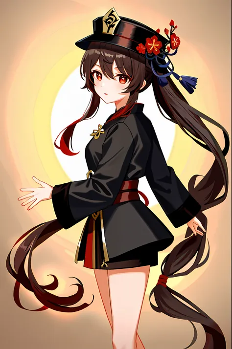 masterpiece, excellent, 1girl, hu tao (genshin), bu tao, hat, red eyes, double ponytail, brown hair, solo, symbolic pupils, long...