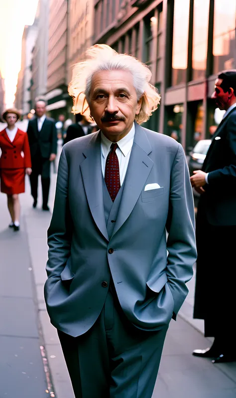 1960s street style photo of einstein in soho new york, wearing giorgio armani yellow suit, sunset, shot on agfa vista 200, 4k.