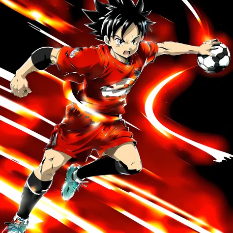anime boy in a red shirt holding a soccer ball, kentaro miura manga art style, akira toriyama style, akira toriyama 📹, official anime artwork, official art, kentaro miura art style, toriyama akira, manga style of kentaro miura, kentaro miura manga style, h...