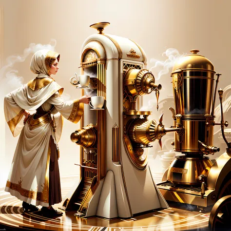 concept art, white background, 
artdecoai gold
coffee machine 
circumstantiated woman in the background