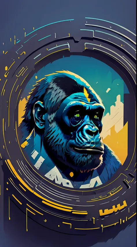 a silhouette design of a gorilla, t-shirt art, 3d vector art, beautiful and quirky, bold bright color, black background, blue an...