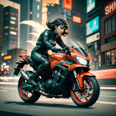 woman riding a motorcycle in a high speed chase, cyber punk, colorful lights on motorcycle, wearing tight fit red and black clot...