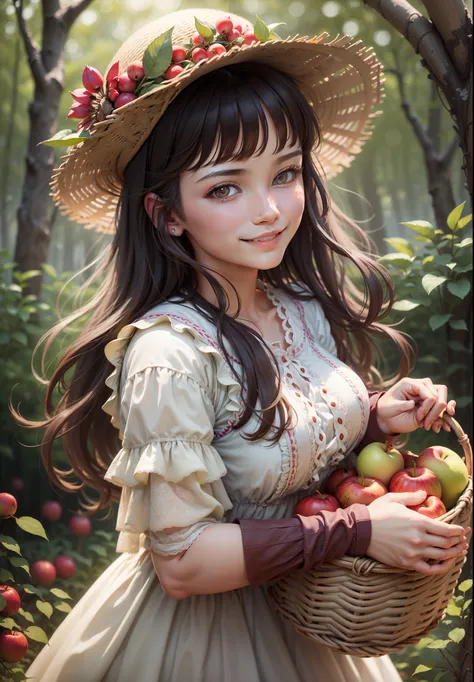 "((best quality)), ultra-detailed, close-up on beautiful peasant girl, floral dress, smiling, in a forest, holding a basket of a...