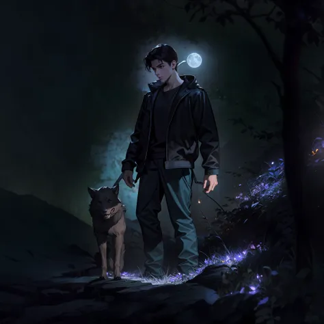 teenage boy and his dog, standing on an ancient rock, perfect body, dark cinematic, beautiful face ,night, dark night, blue moon, ultra high quality, fireflies, magical, mysterious, full blue moon, photo realistic, silhouette, ultra hd, fireflies in the ...