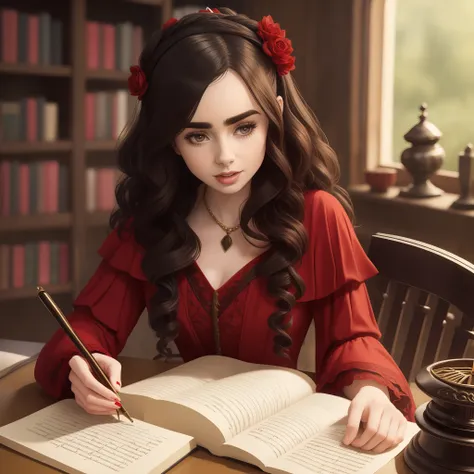 lily collins in medieval red dress, black curly hair writing with inkwell on a parchment