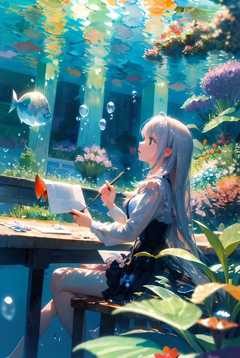 very long silver hair, bubble, air_bubble, underwater, fish, submerged, solo, water,(impressionism:1.4),looking afar