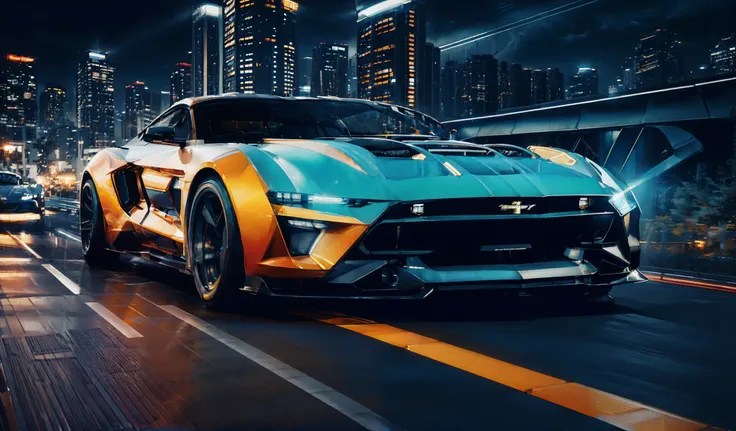 1Mustang Style Hyper Speed 1Car, through the commercial photo forest, speeding down a neon-lit road at night, with a sleek and sporty vibe, highly detailed, digital painting, Artstation, concept art, sharp focus, by artists such as Daniel Simon, Scott Robe...