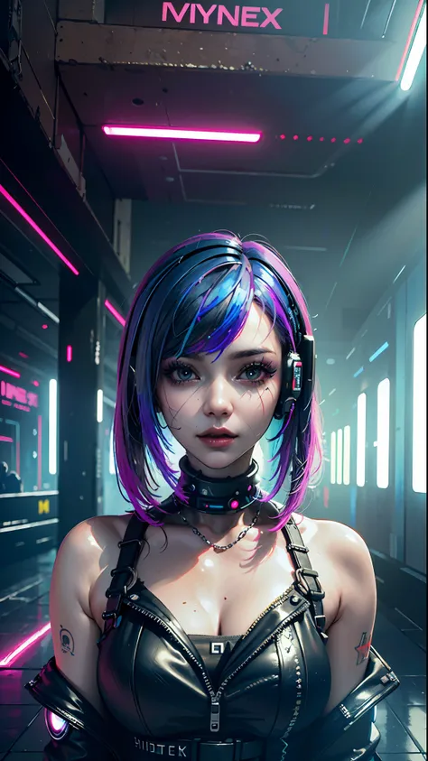 ((best quality)), ((masterpiece)), (highly detailed:1.3), 3d, beautiful (cyberpunk:1.3) hacker woman with colored hair, black cl...