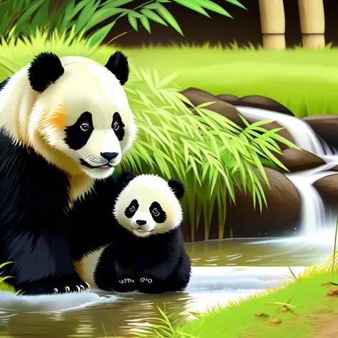 panda bear and its newborn cub, near bamboo bushes, next to a stream, very high quality futuristic image.