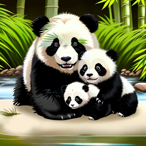 panda bear and its newborn cub, near bamboo bushes, next to a stream, very high quality futuristic image.