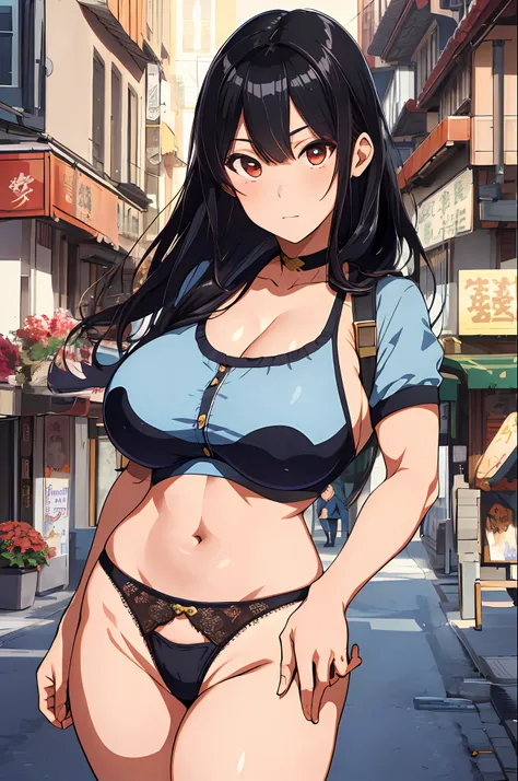 Masterpiece, top quality, highest quality, beautiful and aesthetic: 1.2), highly detailed, underwear, black hair, huge breasts, looking at the viewer, muscular, Hiromitsu Takeda style