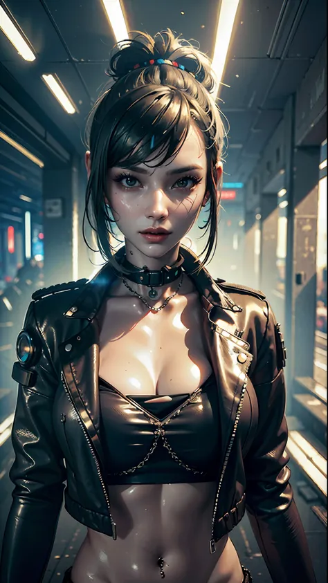 ((best quality)), ((masterpiece)), (highly detailed:1.3), 3d, beautiful (cyberpunk:1.3), stylish woman looking at camera black l...