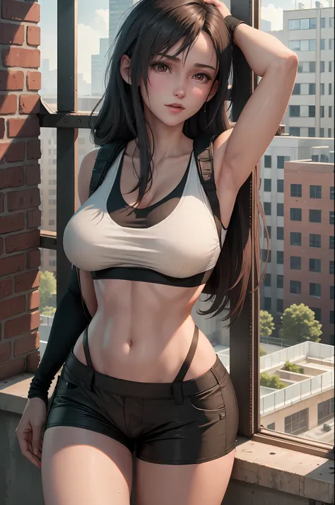 4k highly detailed realistic, upper body, photo of beautiful 18 year old girl, large tits, in wet clothes standing by the modern industrial bedroom window in a tall building with brick walls in a white sports bra with a deep neckline and black yoga shorts