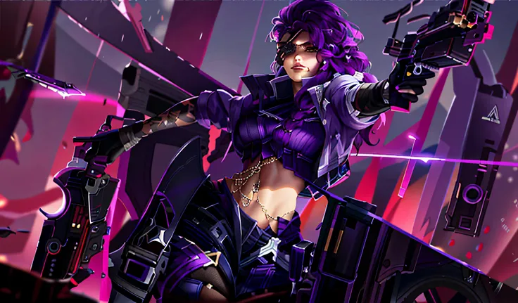 there is a woman with a gun and a purple hair, arcane, samira from League of Legends, ionic character splash art, eye patch, purple light, gun sight, spar in right hand, sword, blade, navel, black pants, brunette skin, purple glow on eye patch, luminous ey...