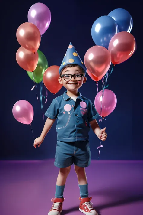 guttonerdvision5, Based on the prompt, I would create an animated scene featuring a 3-year-old boy wearing glasses. He would be depicted with a detailed and sharp face, wearing a birthday party hat and holding a floating birthday balloon. The scene would b...