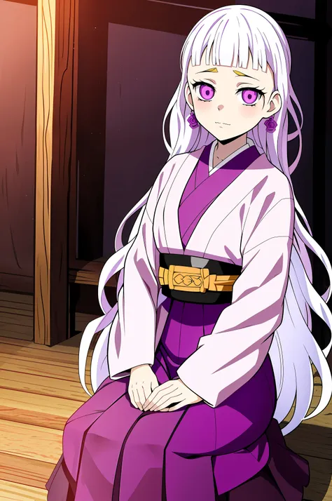 anime girl in purple dress sitting on wooden floor with long white hair, ((wearing aristocrat robe)), kimetsu no yaiba, white ha...