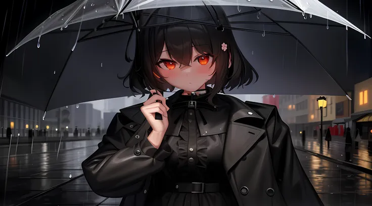 anime girl in raincoat holding umbrella in the city at night, rainy streets in the background and with people, raining!, frontli...