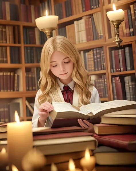 a captivating and enchanting photograph of a blonde student at a magical academy, immersed in her studies amidst the enchanting ...