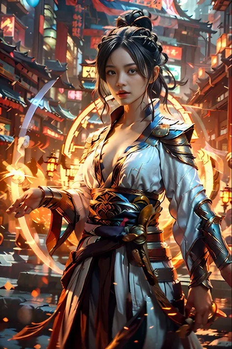 Best quality,masterpiece,ultra high res,(photorealistic:1.4),xiuxian,weapon,Detailed face,
1girl,solo,weapon,cleavage,(magic circle:1.2),xiuxian,upper body,Beautiful girl,big breasts body,east asian architecture,sheath,architecture,