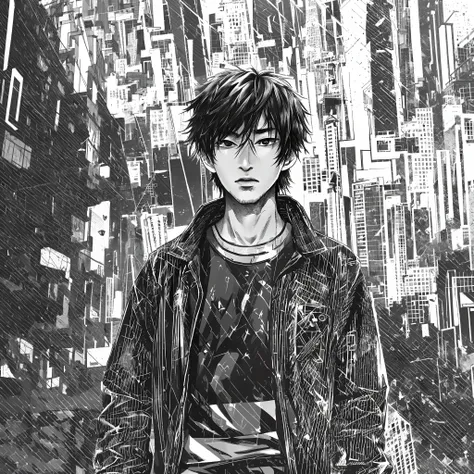 grayscale, monochrome, halftone, drawing, manga, japanese. kai nakamura,he is 17 years old,kai has spiky black hair, piercing br...