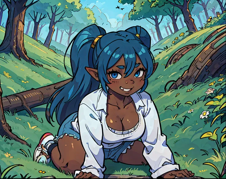 goblin girl, blue hair, very long hair, dark_ skin, dark skin goblin, wide body, very dark skin girl, busty, hair between eyes, twintails, chubby, chubby girl, chubby girl goblin, wide hips, blue eyes, mole, mole on chest, age up, lips, big lips, thick eye...
