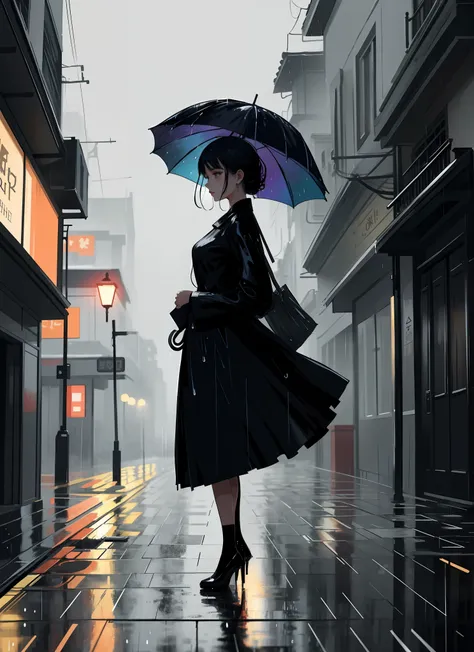 beautiful aesthetic illustration, flat anime, digital art, (elegant woman standing in the rain, focused, wet), colorful style, h...