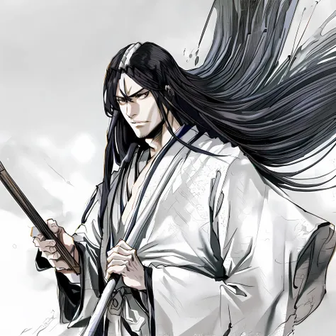 rapped image of a man with long hair holding a magic brush, flowing hair and long robes, with his long black hair, shikanosuke y...