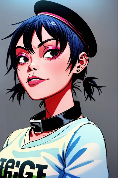 noodle (gorillaz), masterpiece, best quality, 1girl, solo, hat, blue hair, twintails, makeup, bangs, collar, short hair, portrai...