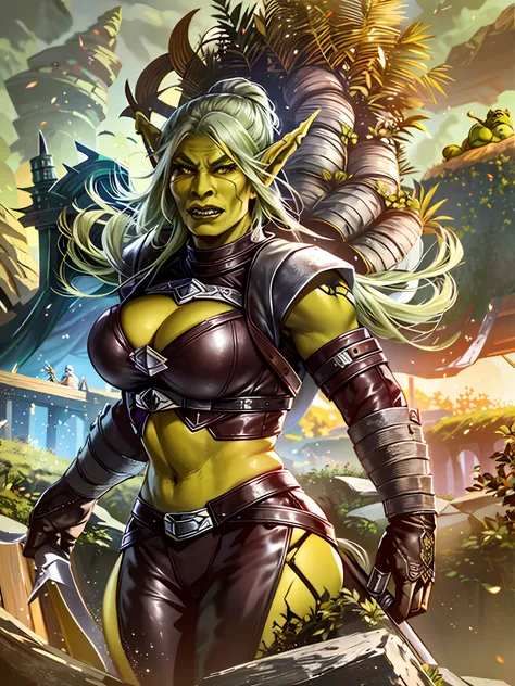 (a closeup of a woman in a leather suit with a sword), (((female orc)))), (((female green orc)))), thematic orc, (warrior orc), ...