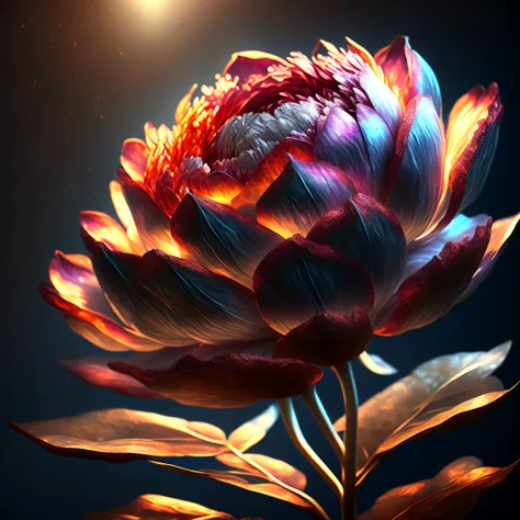 peony flower, super transparent, holy light, beautiful spectrum light, petals glowing, shimmering, dark background, transparent ...