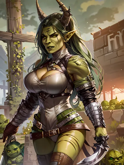 (a closeup of a woman in a leather outfit with a sword), (((green female orc)))), (((female green orc)))), thematic orc, (warrio...