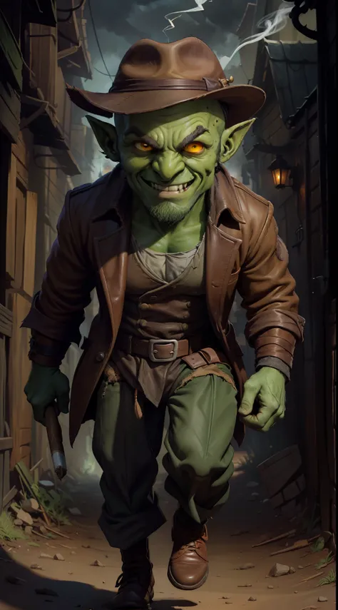 1 small goblin, (((soil)))), (low studies, bulging yellow eyes, mischievous smile, green skin, cartoonish face, bald, bald, thick eyebrows, black beard, thick sideburns, green skin: 1.20), (wears a fedora hat, wears a brown leather overcoat, white linen sh...