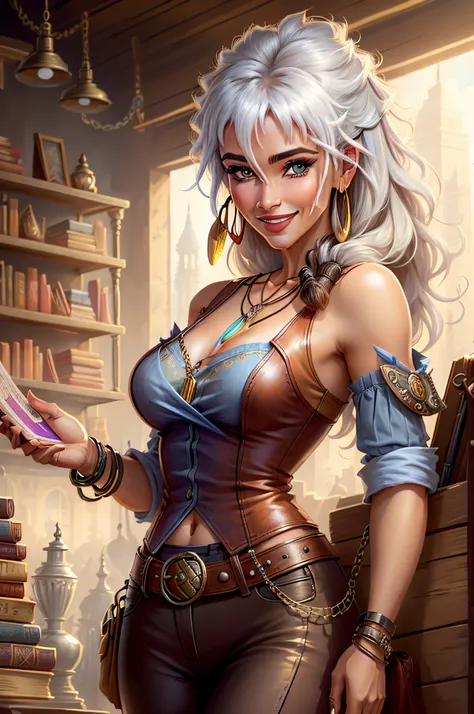 steampunk, steampunk, smiling woman in a small bookstore, necklaces, earrings, bracelets, chains, shirts, vests, belts